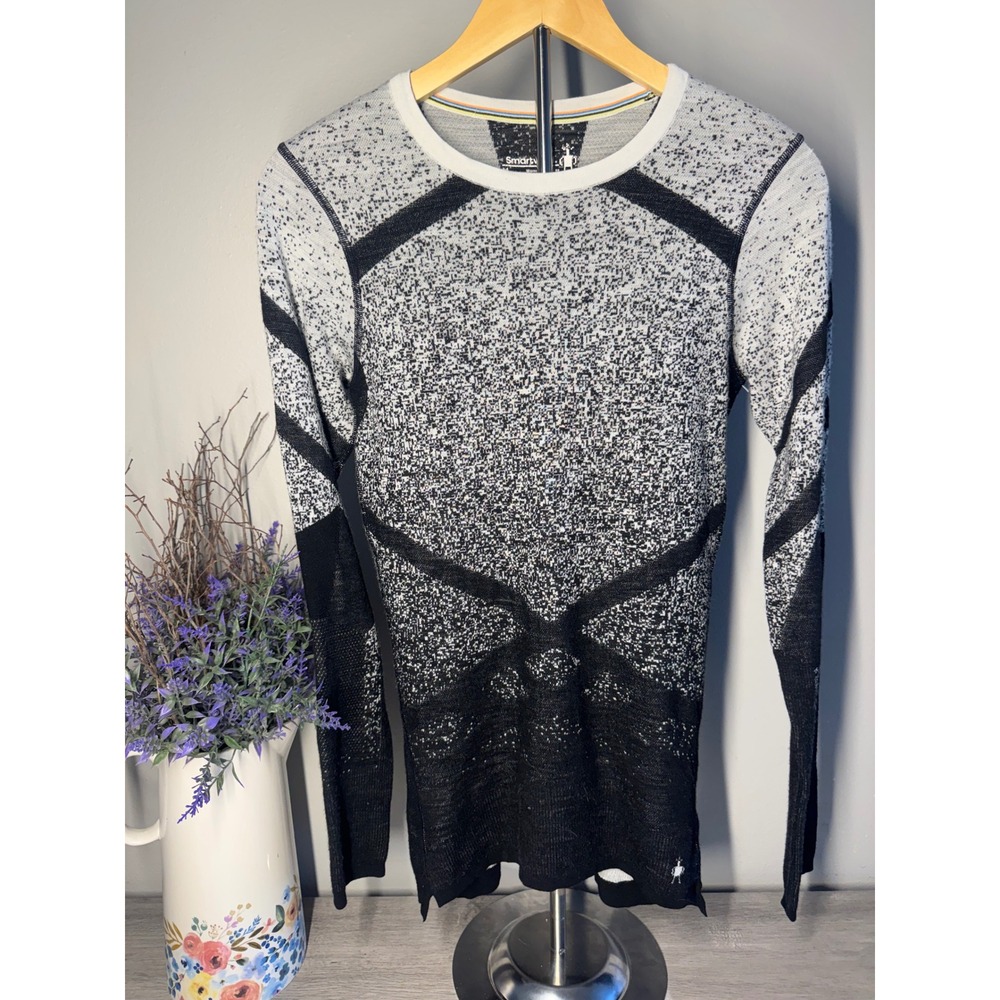 Smartwool Intraknit Merino 200 Crew Base Layer Top Black White Womens Medium